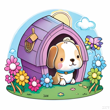 clipart with white background of a doghouse in the style of mystical fantasy, magical, kawaii style