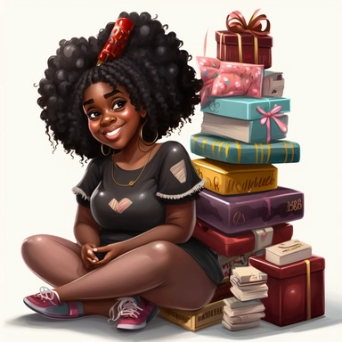 2d, handsome , sitting big smile plus size black teen girl birthday party clipart, sitting on a stack of birthday gifts, cartoon realistic, 32k uhd