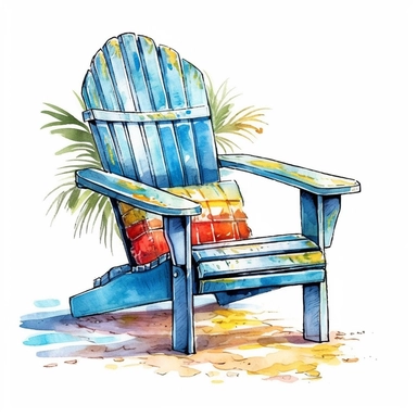 Cute Beautiful Beach Chair Tropical Watercolor Sublimation Clipart,Cartoon, hyper realistic, intricate detail, illustration style,high solution,on the white background