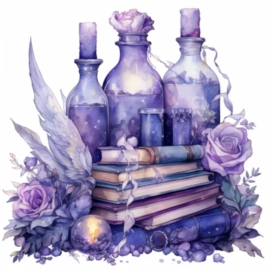 Picture of bottles, books, and candles, in the style of dreamlike fantasy creatures, violet and gray, detailed background elements, fairy academia, mysterious backdrops, made of crystals, natural phenomena, watercolor clipart