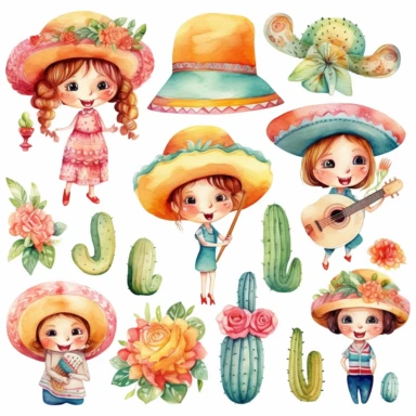 Watercolor cinco de mayo decorations, illustrations clipart set, simple, soft colors, cartoon elements, different variants, mexican hat, sugar skulls, rose, little boy, little girl separate elements with a margin