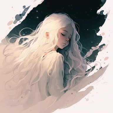 Young beautiful innocent kind girl with white hair sleeping, lying down deeply sleeping in a comfy bed. Strong and brave. Portrait. Shimmering translucent skin. Fantasy, meditating, holy. Puffy pillows and bed. Dappled lighting. Tulle layers detailed layering sun dress. Muted Pastel color lighting. Watercolor Clipart, cel shading, vector, clipart, 8k, line art, sacred geometry, surreal, glistening highlights, stars in her hair, purple eyes, acrylic art style, beautiful cartoon anime, portrait, m