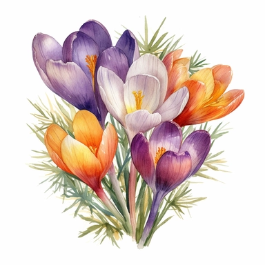 watercolor clipart, beautiful bouquet of multicolored crocus flowers, white background, no watermark, no logo, no text, no words