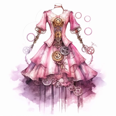 Steampunk style pink detailed dress with watercolor effect,high resolution,unrealistic fantastic,white background,suitable for digital cliparts,fantastic scene,high quality