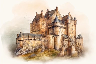 realistic 2d drawing of a medieval scotland castle, high details, realistic watercolor, fine lines, illustration, 8k UHD, hdr, clipart, very light cream background