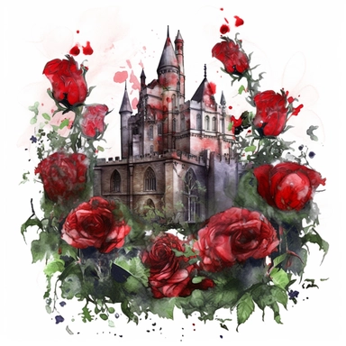 beautiful victorian gothic fortress, overgrown with very big colorful red roses and green plants, in the style of dark intense colors, oh my god is this beautiful, watercolor, clipart, white background