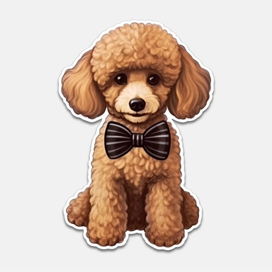 full body poodle dog sticker with bow on head, modern style animated, white background, cute eyes, die cut sticker, no image noise, clipart, no hyper detailed lettering, maximum detail-8k