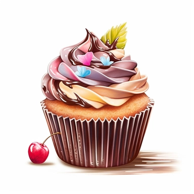 Design a clipart image of an chocolate cupcake in a watercolor style, with chocolate decoration and a topping. You can also add some colorful candy or chocolate chips to make it more attractive. You can add white flowers and green leaves to the design.