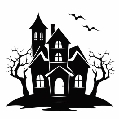 Black and white silhouette of a haunted house icon, clipart style, white background, thick lines, vector, simple design, flat colour, solid colour, halloweencore
