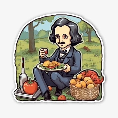 whimsical, cute, cartoon, clipart, edgar allen poe having a picnic, sticker