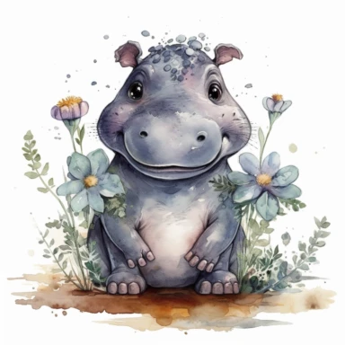 a standing up baby Hippo with cute big eyes, happy smiling face, cute animal, adorable, playful atitude, adorable watercolor animal clipart with a few plant and flowers decor, no background, high quality very sharp with clear focus