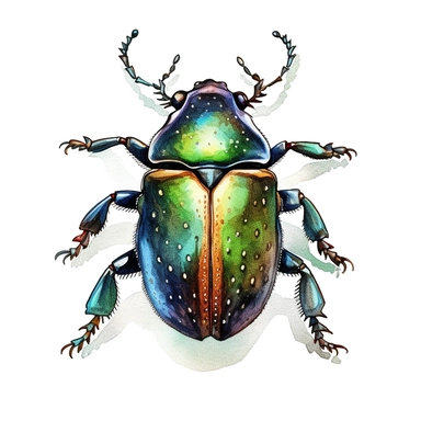 beetle clipart watercolour, black brown green and blue, white background,