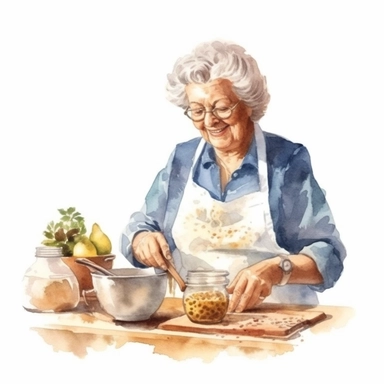 highly detailed and realistic watercolor country rustic vintage italian grandmother cooking pasta in the kitchen, clipart, white background