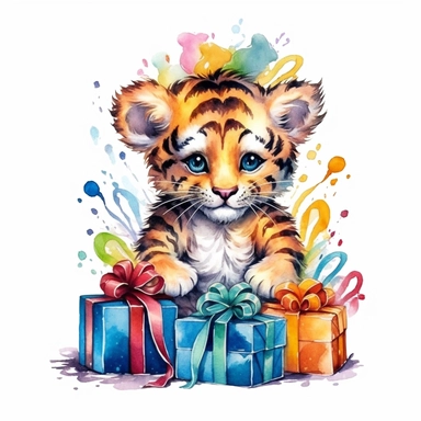 please create watercolor clipart of a baby tiger, smiling, wearing party clothes with birthday presents, vibrant colors, intricate details, isolated on white background, vivid colors, hdr, 8k