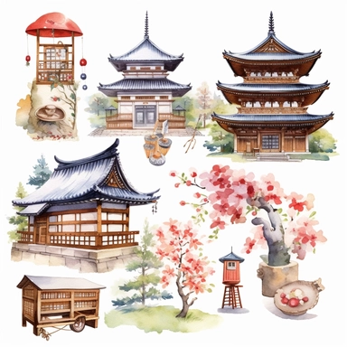 1 detailed travel clipart Japan in the style of Watercolor clip art, clipart, on a white background