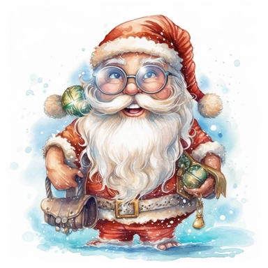 santa summer smile and cute big eyes wear big glasses full body , sea trip summer , cute funny laugh detailed digital art, whimsical and cute, cute detailed artwork, glimmering, adorable and whimsical, whimsical art, watercolor Clipart style