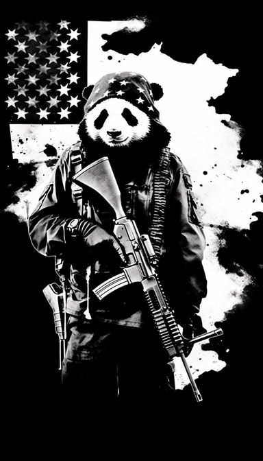 Panda dressed as a graffiti artist in combat clothes holding a gun black and white, silhouette of American flag background, minimalist clip art by Mr. Brainwash