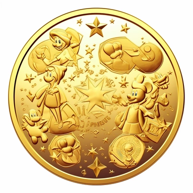 a gold coin with only symbols and engravings in the middle, clipart, transparent background, cartoon anime style