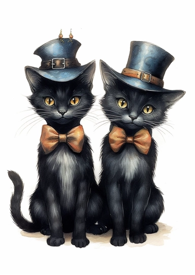 simple, vintage, cute 3 Halloween black cats, with a hat, and wearing bow ties, clipart style, color pencil technique, super high quality, high resolution on a white background