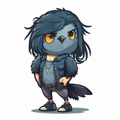 small cute anthropomorphic chibi crow animal, standing on two legs, dressed like a woman, wearing modern clothes, wearing jeans and t-shirt clipart, in sticker style, in comics style, cell shading