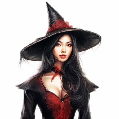 beautiful asian victorian witch with black hair wearing a pointed witch hat, looking left, victorian hairstyle, victorian witch hat, Victorian era clothing, beatiful smile, realistic inverted portrait white background, high quality, hyper-realistic, witch Clipart,red dress