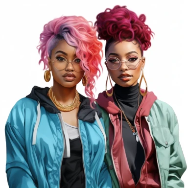 realistic illustration of two african american girls in their twenties. modern look, accesories, new look hairstyle, clothes in black and other intensive colors (for example purply, pink, turquoise, blue, yellow), clipart, isolated on white background, 4K