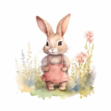 watercolour clipart illustration of cute shy modest baby bunny looking to the left wearing beautiful detailed pink summer dress, standing in woodlands background on grass with flowers on white background, in the style of hyper-realistic animal illustrations, i can't believe how beautiful this is, childlike illustrations, close up, earthy tones