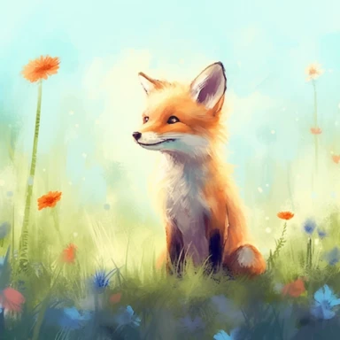 Clipart. A fox playing in a meadow. children book illustrations, Whimsical illustrations, ethereal, charming, childlike, carefree, dreamy, fun and colorful, 8K, 3D rendering, cinematic lighting effect, cute, watercolor, Cute and quirky, fantasy art, By Laura Watson, bokeh, hand-drawn, digital painting, soft lighting, bird's-eye view, vibrant vector, seed1