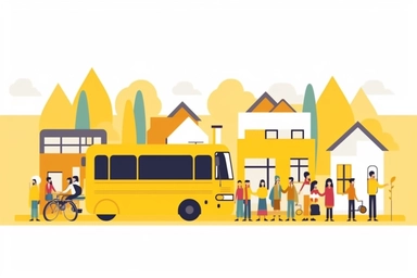 modern yellow bus in a village with happy people around. front shot, minimalist style, infographic illustration style character, Kurzgesagt animation style, thick lines, infographic animation style. Very minimal detail. 2D drawing, clip art, trending on video hive, After Effects, colorful, flat shade. solid untextured white background