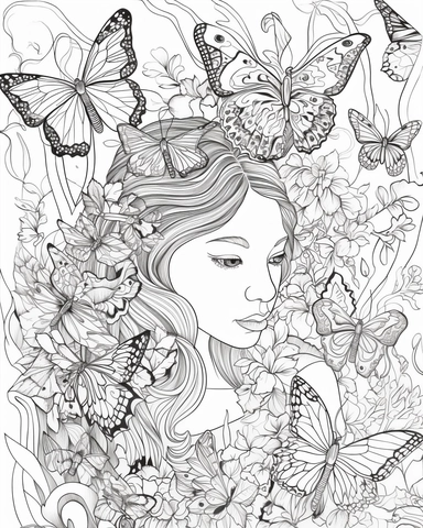 The coloring page features a girl surrounded by an array of psychedelic swirls and patterns, created using simple line art techniques. The girl is surrounded by a swarm of butterflies, adding an ethereal and dreamlike quality to the image. The design is filled with a variety of watercolor-related terminology, such as wash, blend, and color bleed, which give the image a sense of fluidity and movement. The colors used are bright and bold, with a range of pinks, purples, oranges, and yellows, that 