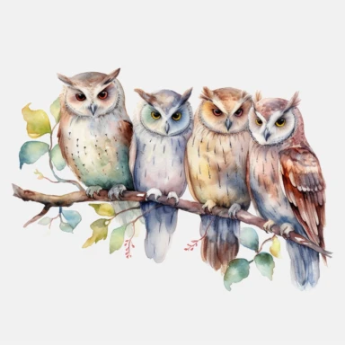 watercolor multiple owls on a tree branch, clipart