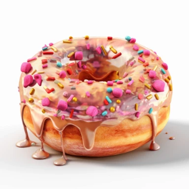 a doughnut that is covered with pink cream, candies and caramel, in the style of digitally manipulated images, kodak ektar, matte photo, transparent/translucent medium. hand-painted watercolor. Transparent background, clipart,vector . ultra-sharp photography ,ultra realistic translucent, hyper detailed, hyper realistic, 8K.Super-Resolution, extreme detail, hyperrealistic, hyperdetailed, exquisite detail, intricately-detailed, ultra-detailed photography, photorealistic, 32K, HDR, octane rendering