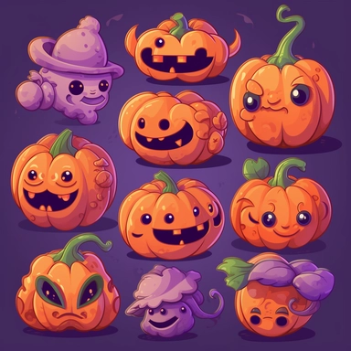 halloween pumpkins vector clipart and clipart pack, in the style of witchy academia, playful visual puzzles, orange, animated gifs, light violet and light red, 1970–present, contest winner