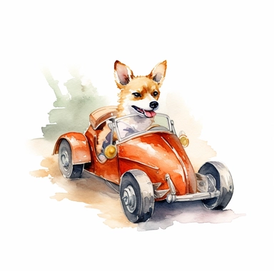 a dog driving a sports car, watercolour, clipart, white background