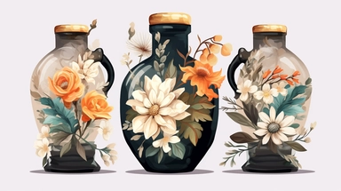 A Victorian vase is a decorative vase that was produced during the Victorian era, which lasted from 1837 to 1901 in the United Kingdom. The Victorian era was a time of great industrial and cultural change, and it produced many different styles of decorative art, including vases.Botanical single of goal and white Wildflower watercolor vector extremely detailed sharp sticker clipart black background