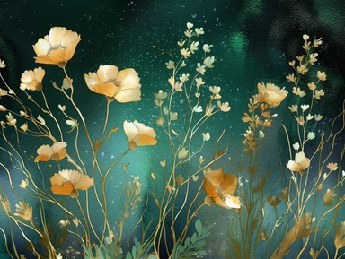 deep emerald gold watercolor Ermine with flowers plants clipart, golden metallic lines and some glitter, shining colors, dark background, 8k, high resolution
