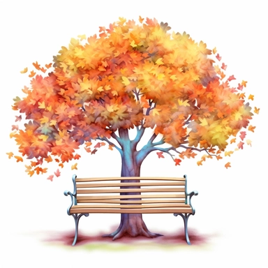 Autumn tree by the bench, in the style of digital airbrushing, pattern - based painting, storybook illustrations, hd, ps1 graphics, soft shading, accurate and detailed, style by Lucy Fleming, watercolor, smooth gradients, black contour outline, ultra detailed, clipart elements, delicate pastel colors, solid white background, super clear, high quality