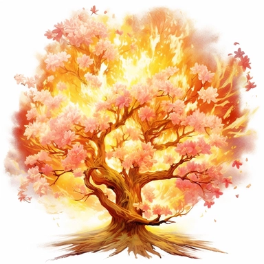cherry blossom banana oak tree, oak white fire flame, light, golden sun, mighty flowers, pristine, sparkling, white flame, fire light mega epic flowers of epicness, cool and spiky, owning everything, floral art, no background, beautiful, no text, clipart, watercolor