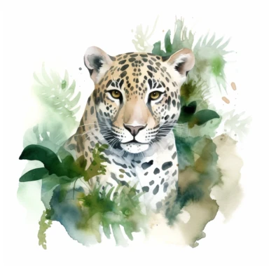 watercolor clipart, white background, a stunning jaguar, showcasing its wild beauty amidst the rainforest