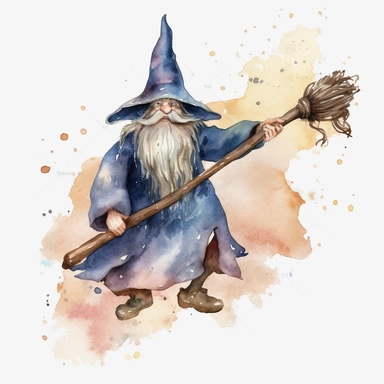 watercolor magic wizard riding broom clipart, white background, no tex