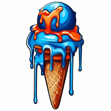 clipart comicbook fine-line art, dripping blue and orange icecream