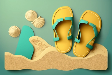 flip flops on the beach clipart, in the style of minimalist backgrounds, rendered in cinema4d, light teal and dark yellow, installation creator, smokey background, nostalgic scenes, cardboard