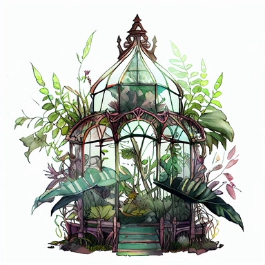 on a white background for a clipart realistic and detailed whimsical deep and bright color watercolor and black ink illustration in the 2d anime style. a glass greenhouse in art deco style overgrown with magic and fragrant vegetation, magical details and mystical atmosphere. plants are everywhere