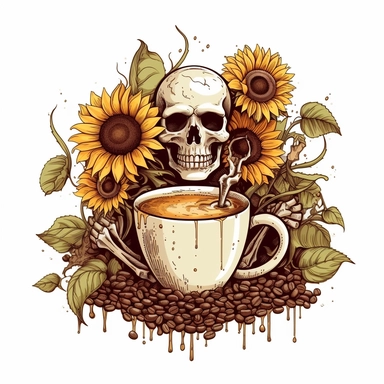 vector art of sunflowers, skulls, and coffee, flourish with coffee swirls and coffee beans clip art with white background