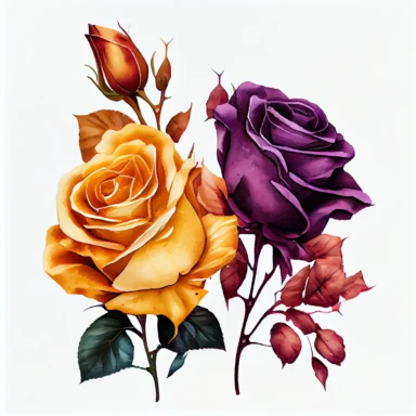 a group of 2 detailed roses together ,the colors are Mustard Yellow and Deep Purple arranged clipart, watercolor, 8k, white blank background