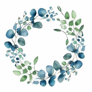 circle of watercolor eucalyptus branch clipart, in the style of border art, green with blue accents, white background