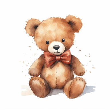 a minimal watercolor clipart of a brown teddy bear in a bow tie, white background