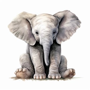 Watercolour cute baby elephant sitting, beautiful details, ultra detailed, ultraphoto real intricate detailed, high definition, graphic clipart, hyper realistic,detailed, white background