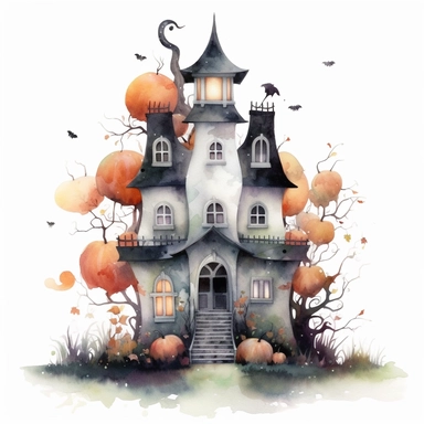 A watercolor painting of cute Halloween haunted house , cute detailed digital art, inspired by nicoletta ceccoli, by Kubisi art, whimsical and cute, by nicoletta ceccoli, cute detailed artwork, glimmering, adorable and whimsical, whimsical art, Clipart style, png style, svg style, blank white background, a solid white background