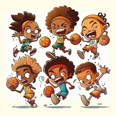 Create a picture of multiple cartoon basketball players showing off their skills on the court, The players should be diverse in terms of their appearance, including skin color, hair style, and body type, clipart images, The image should be colorful and playful, with a white background, clip art, The 3rd render should showcase the excitement and energy of the scene